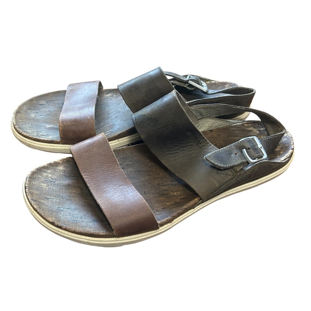 Merrell Leather Brown Sandals Menswear Adjustable Buckle‎ Strap Slides